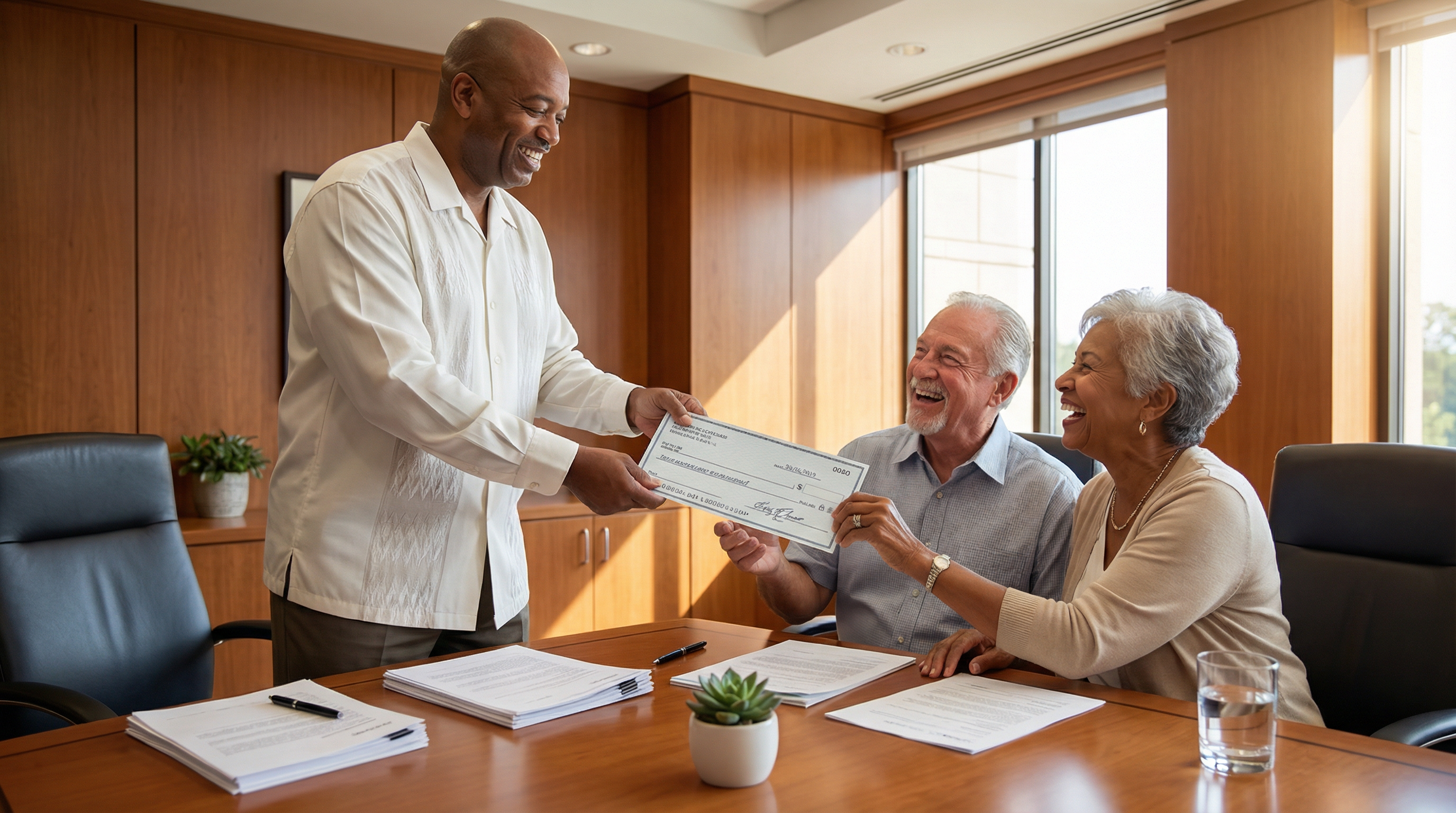 David Willis at the closing table handing a check to a seller